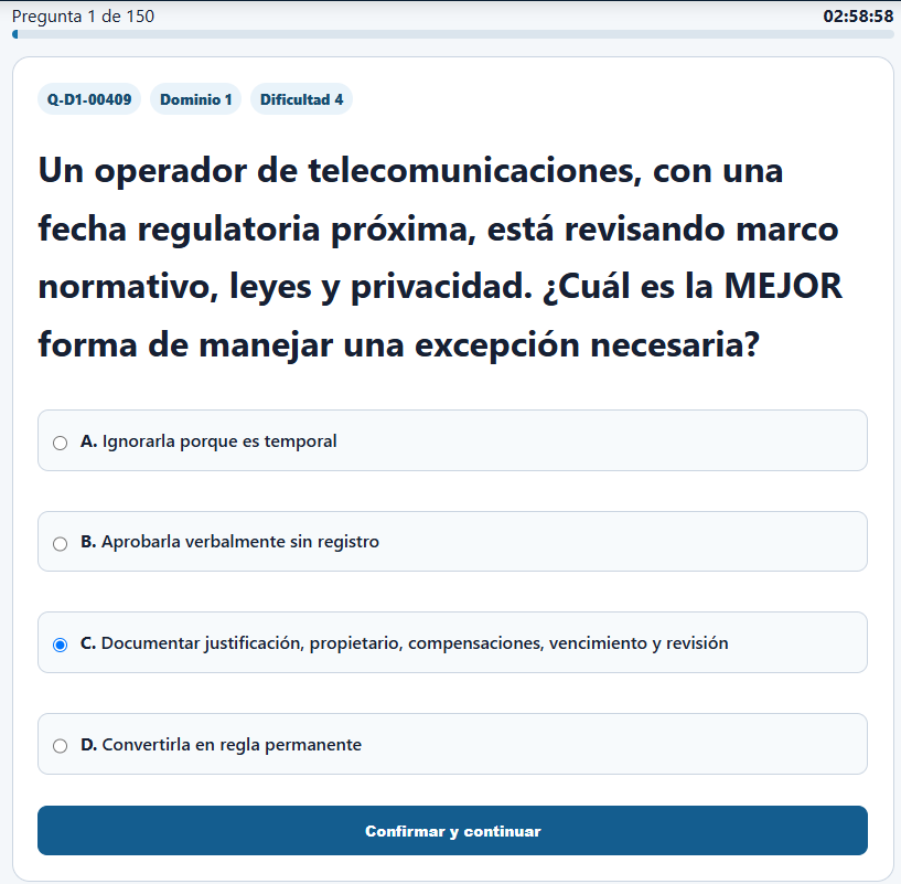 Simulador CISSP de 150 preguntas con temporizador